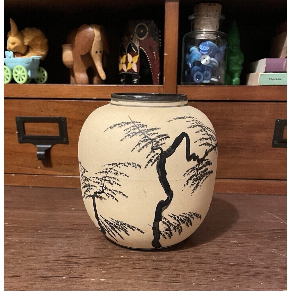 Vintage Japanese Bisque Pottery Hand Painted Pagoda Landscape Vase Ginger Jar 5”